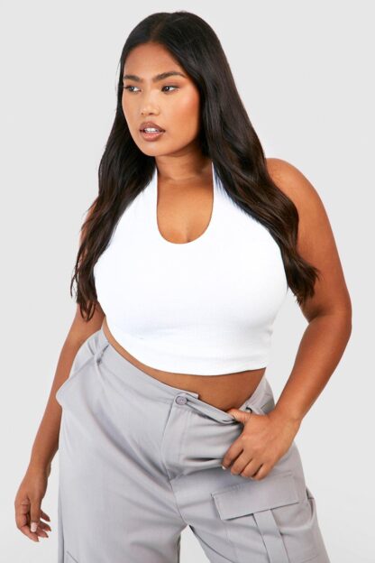 Womens Plus Halter Rib Crop Top - White - 22, White