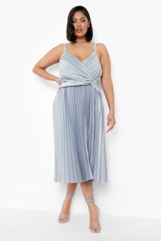 Womens Plus Pleated Satin Twist Detail Midi Dress - Grey - 26, Grey