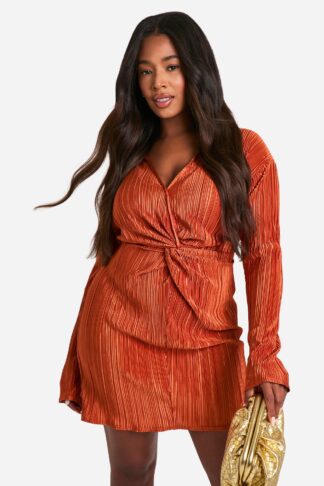 Womens Plus Plisse Twist Front Shirt Dress - Orange - 16, Orange