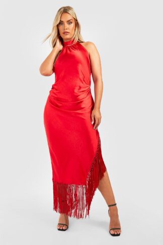 Womens Plus Premium Satin Tassel Halterneck Midi Dress - Red - 22, Red