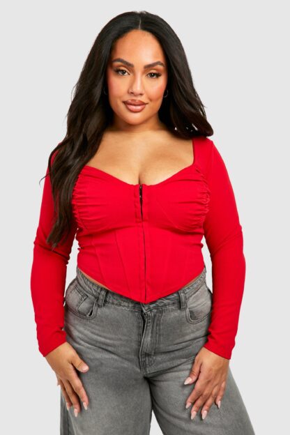 Womens Plus Ruched Detail Hook And Eye Corset Top - Red - 28, Red