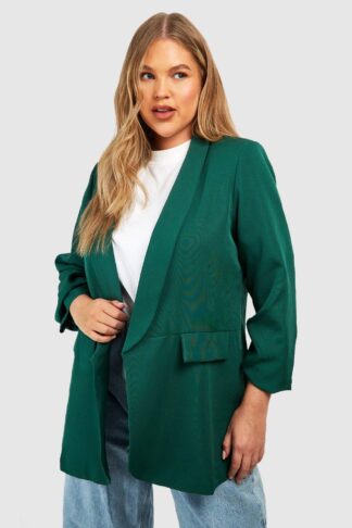 Womens Plus Ruched Sleeve Lapel Detail Blazer - Green - 16, Green