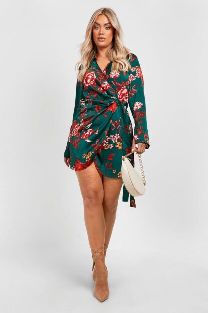 Womens Plus Satin Floral Drape Wrap Shirt Dress - Green - 20, Green