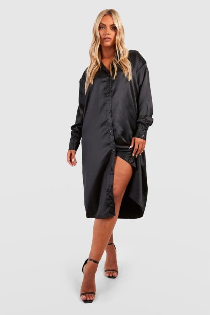 Womens Plus Satin Midi Shirt Dress - Black - 20, Black