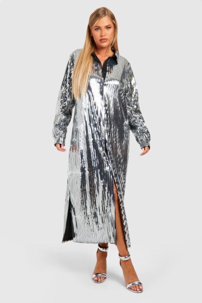 Womens Plus Sequin Midaxi Shirt Dress - Grey - 16, Grey