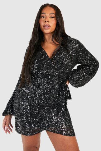 Womens Plus Sequin Tie Belt Wrap Dress - Black - 24, Black