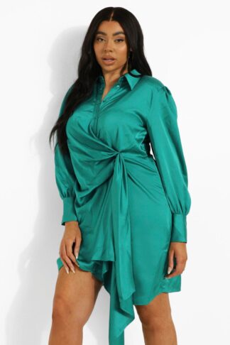 Womens Plus Statement Draped Satin Shirt Dress - Green - 28, Green