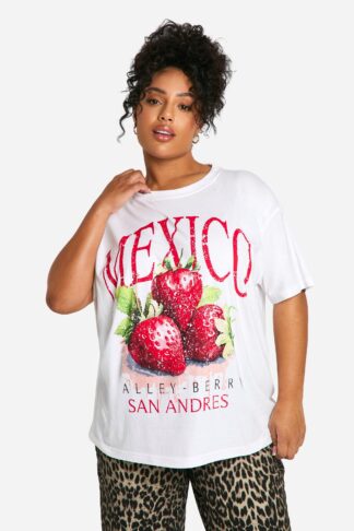 Womens Plus Strawberry Printed Oversized T-Shirt - White - 16, White