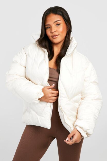 Womens Plus Zig Zag Quilted Puffer Coat - Beige - 16, Beige