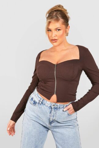 Womens Plus Bengaline Zip Through Corset Top - Brown - 16, Brown