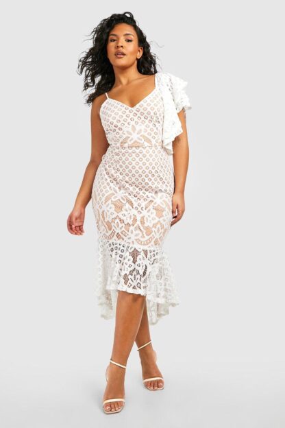 Womens Plus Contrast Lace Peplum Frill Midi Dress - White - 22, White