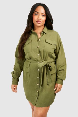 Womens Plus Cotton Twill Utility Shirt Dress - Green - 28, Green