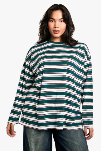 Womens Plus Crew Neck Stripe Long Sleeve Oversized T-Shirt - Green - 26, Green