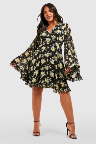 Womens Plus Floral Wide Sleeve Skater Dress - Black - 16, Black