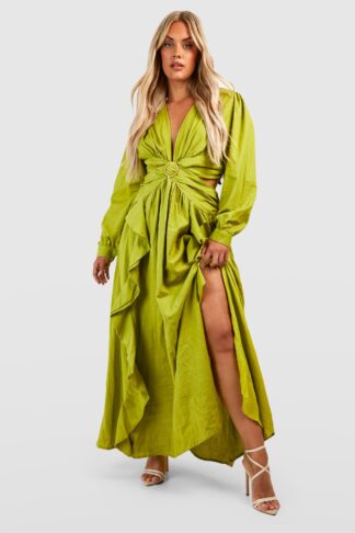 Womens Plus Linen Look Cut Out Ruffle Maxi Dress - Green - 28, Green