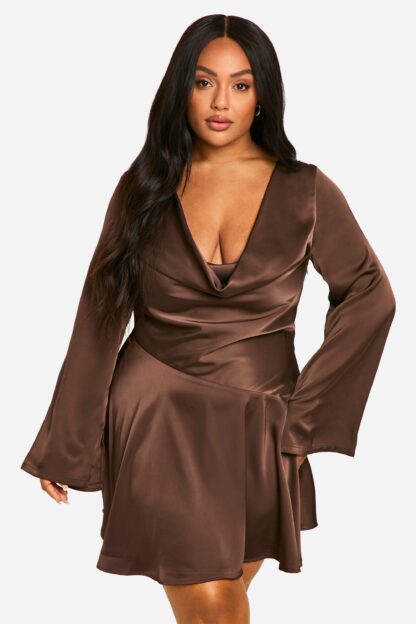 Womens Plus Premium Satin Cowl Neck Skater Dress - Brown - 16, Brown