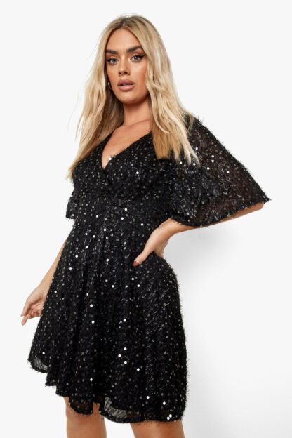 Womens Plus Sequin Flared Sleeve Skater Dress - Black - 18, Black