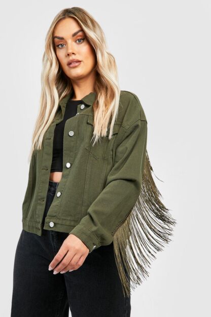 Womens Plus Tassel Denim Jacket - Green - 16, Green