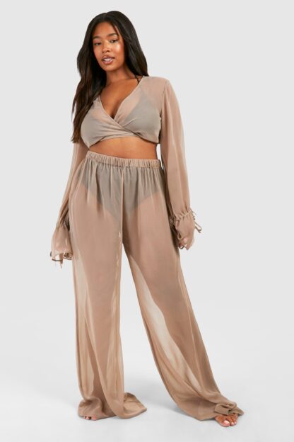 Womens Plus Tie Crop Top And Beach Trouser - Beige - 28, Beige