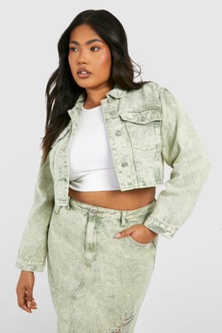 Womens Plus Washed Khaki Acid Wash Crop Denim Jacket - Grey - 24, Grey