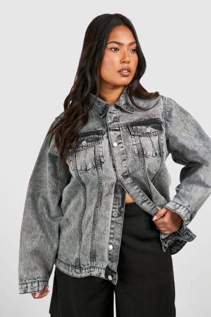 Womens Plus Washed Pocket Oversized Denim Jacket - Grey - 22, Grey