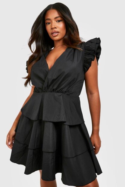 Womens Plus Woven Ruffle Detail Skater Dress - Black - 20, Black