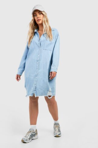 Womens Plus Distressed Denim Shirt Dress - White - 28, White