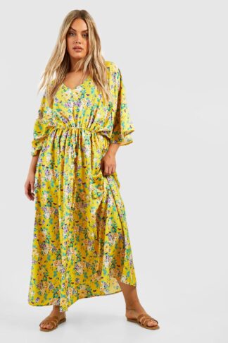 Womens Plus Floral Extreme Angel Sleeve Maxi Dress - Yellow - 28, Yellow