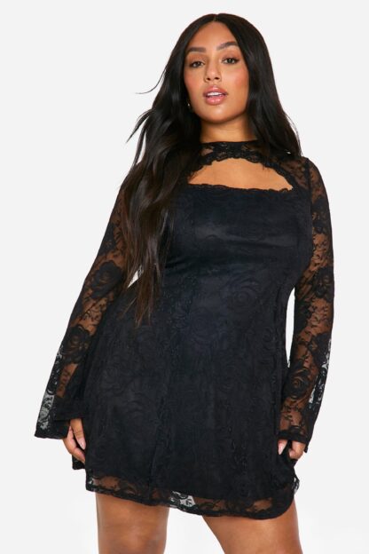 Womens Plus Lace Flared Sleeve Skater Dress - Black - 22, Black