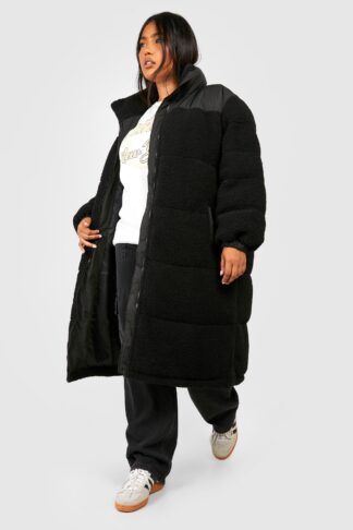 Womens Plus Longline Teddy Faux Fur Panelled Puffer Jacket - Black - 24, Black