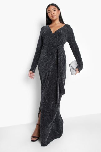 Womens Plus Metallic Long Sleeve Wrap Maxi Dress - Grey - 24, Grey