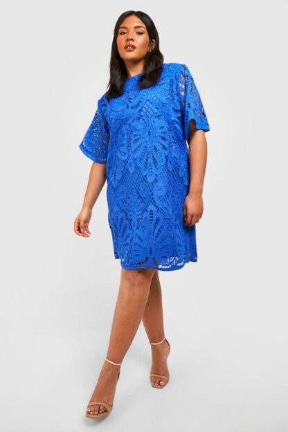 Womens Plus Premium Crochet Lace Shift Dress - Blue - 28, Blue