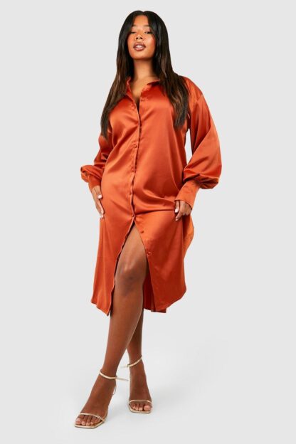 Womens Plus Satin Midi Shirt Dress - Orange - 22, Orange