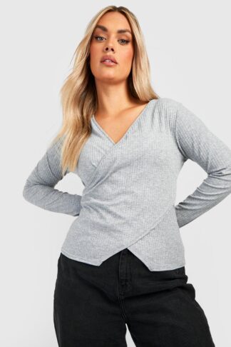 Womens Plus Soft Rib Wrap Top - Grey - 26, Grey