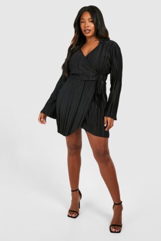 Womens Plus Wide Plisse Wrap Shirt Dress - Black - 16, Black