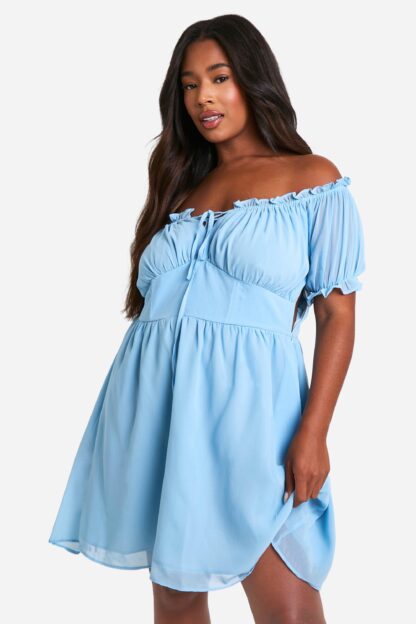 Womens Plus Bardot Lace Up Skater Dress - Blue - 16, Blue