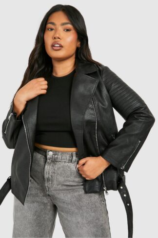 Womens Plus Belted Faux Leather Pu Biker Jacket - Black - 16, Black