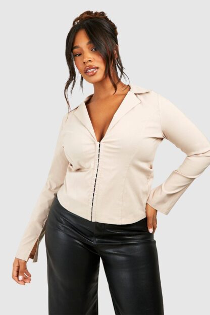 Womens Plus Bengaline Hook And Eye Corset Shirt Top - Beige - 16, Beige