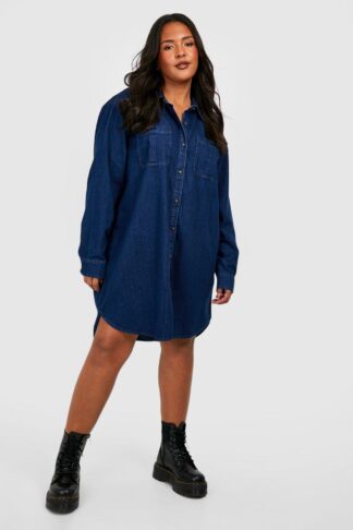 Womens Plus Button Down Denim Shirt Dress - Blue - 22, Blue