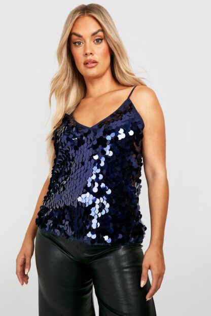 Womens Plus Disco Sequin Cami Top - Blue - 18, Blue