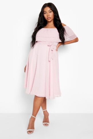 Womens Plus Dobby Off Shoulder Midi Skater Dress - Pink - 26, Pink