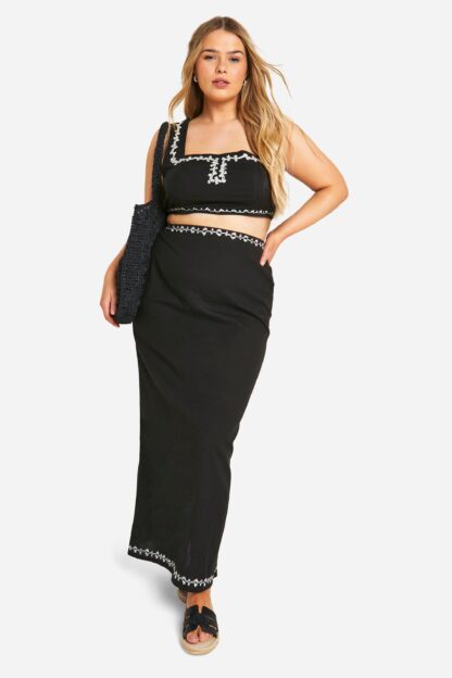 Womens Plus Embroidered Linen Look Crop Top And Maxi Skirt Set - Black - 16, Black