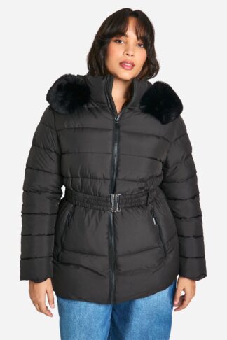 Womens Plus Faux Fur Trim Belted Puffer Jacket - Black - 16, Black