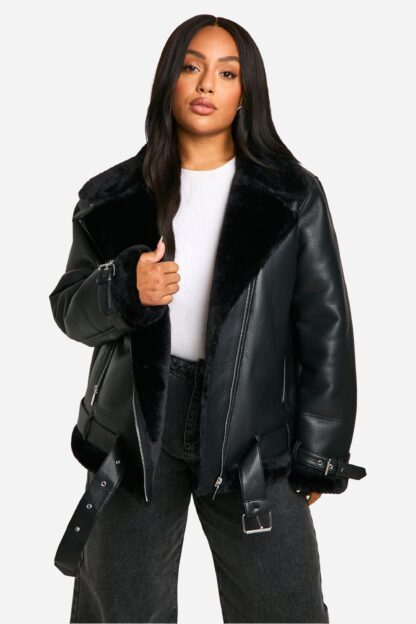 Womens Plus Faux Leather Lined Oversized Aviator Jacket - Black - 16, Black