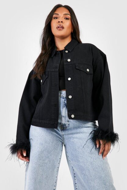 Womens Plus Feather Cuff Oversized Denim Jacket - Black - 22, Black