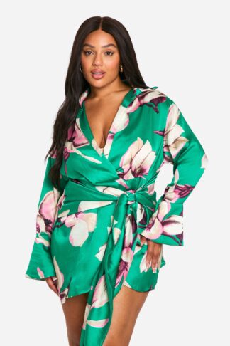 Womens Plus Floral Print Tie Waist Shirt Wrap Dress - Green - 16, Green