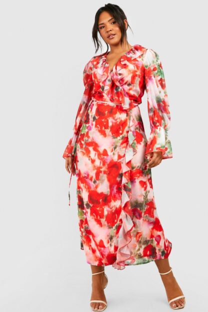Womens Plus Floral Ruffle Wrap Dress - Pink - 16, Pink