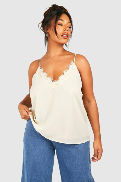 Womens Plus Lace Insert Chiffon Cami Top - Beige - 16, Beige