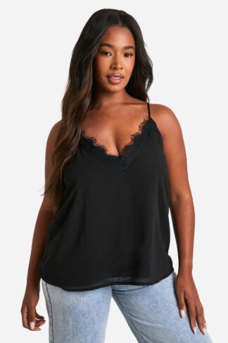 Womens Plus Lace Insert Chiffon Cami Top - Black - 16, Black