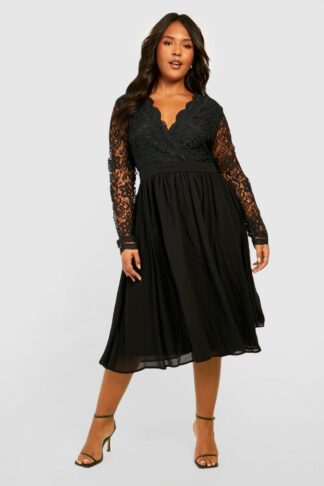 Womens Plus Lace Midi Skater Dress - Black - 16, Black